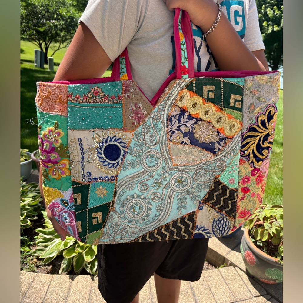 Colorful Patchwork handmade cotton Women's Bag with mirror and zip